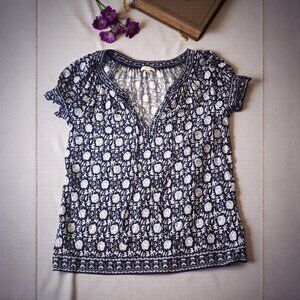 Max Studio Navy White Floral Boho Blouse – Smocked Peasant Top Size S